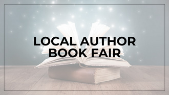 Image of open book with text that says "Local Author Book Fair"