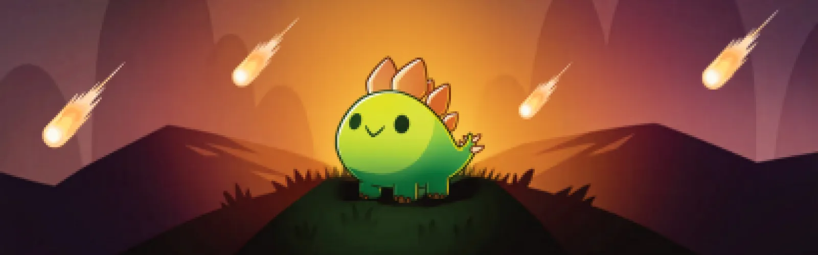 a cartoon dinosaur surrounded by falling asteroids